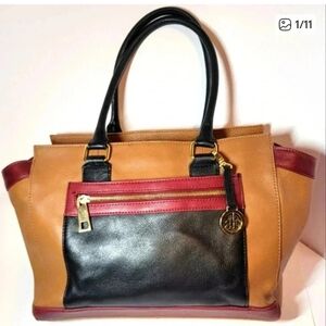Audrey Brooke Tan Black Burgundy Color-Block Tote Shoulder Bag